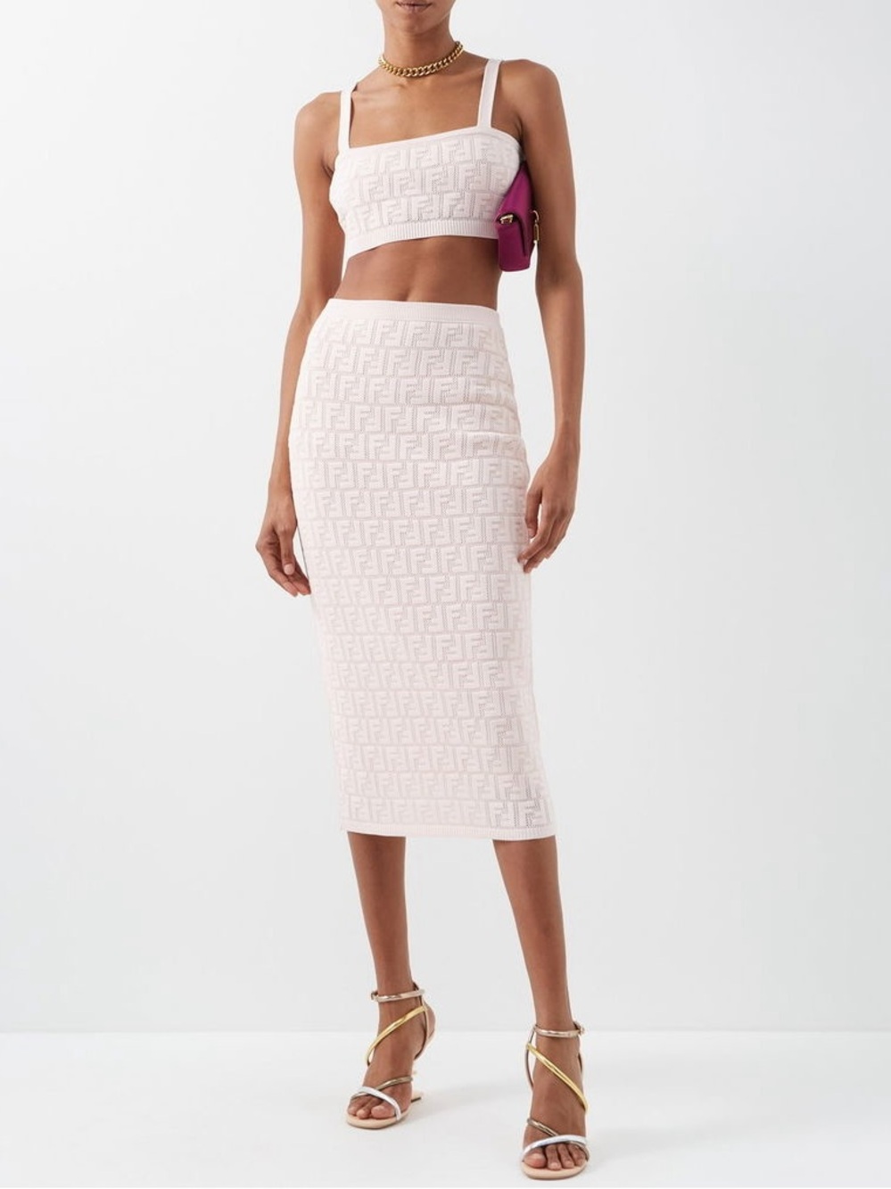 Fendi White Embossed FF Midi Pencil Skirt